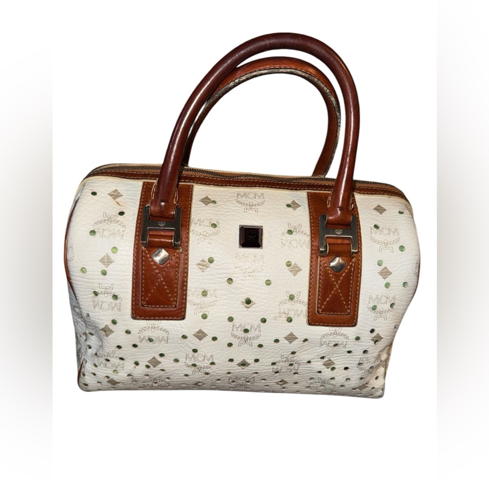 MCM Boston Bag Without Lock And Key in White & Brown EUC - Picture 14 of 15